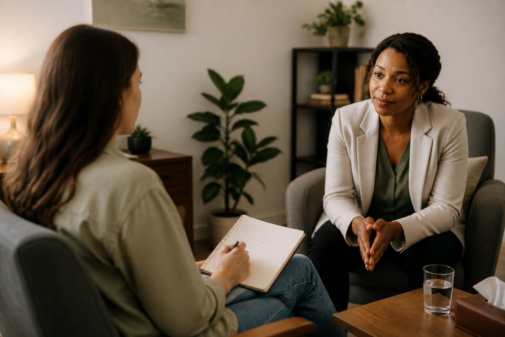 A patient sitting in a comfortable chair across from a psychiatrist in a warm, well-lit office, holding a notebook with questions written down, engaged in conversation