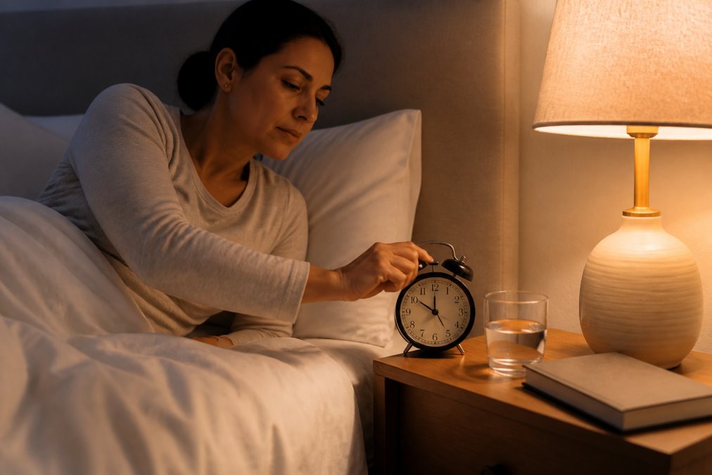 A calm bedroom scene at night with dim warm lighting, a person setting an alarm clock on a nightstand beside a glass of water and a book, suggesting a wind-down routine