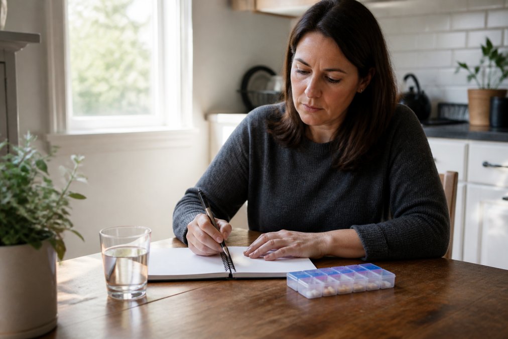 A person tracking psychiatric medication side effects in a notebook next to a weekly pill organizer at sunrise.