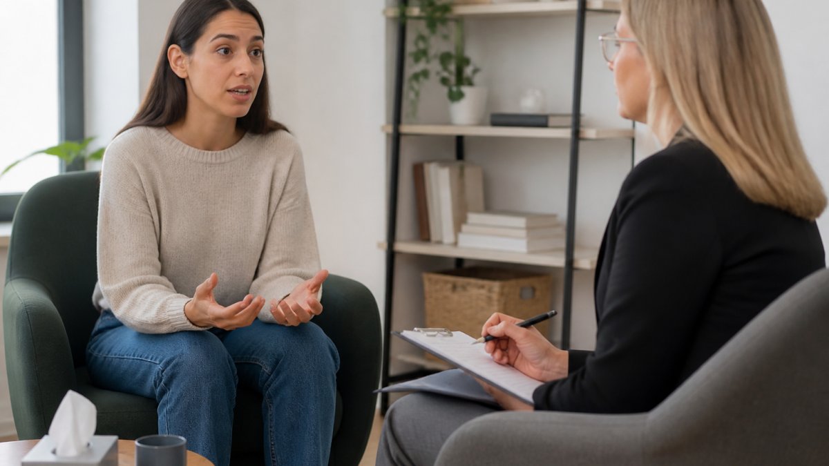 Patient speaking openly to their therapist in a clinical office while feeling heard in therapy.