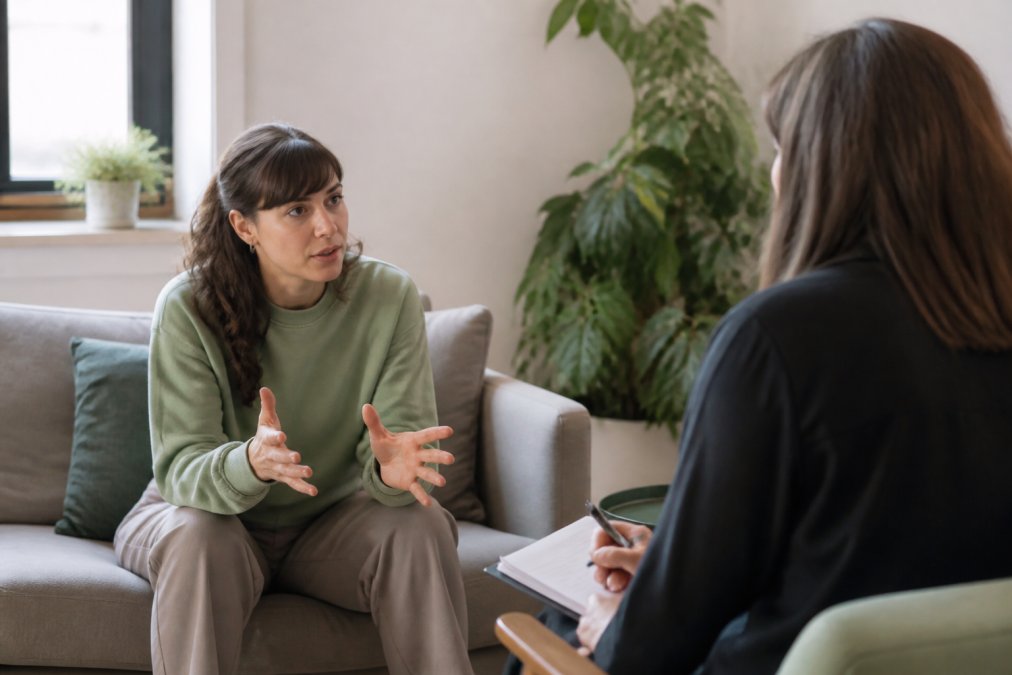 A person in their 30s sitting in a bright, comfortable therapy office, speaking with a psychiatrist who is listening attentively with a notepad