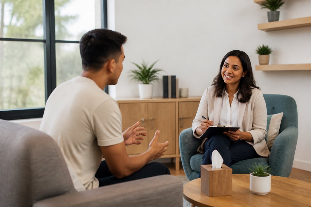 Young adult talking to a therapist in a sunlit office to access affordable mental health care.
