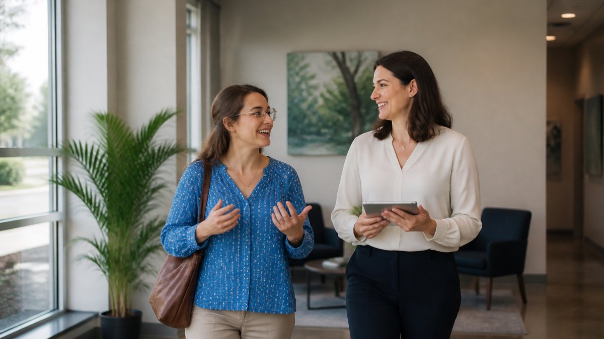 Therapist and patient having a supportive conversation in a warm office, reflecting benefits of evidence based therapy
