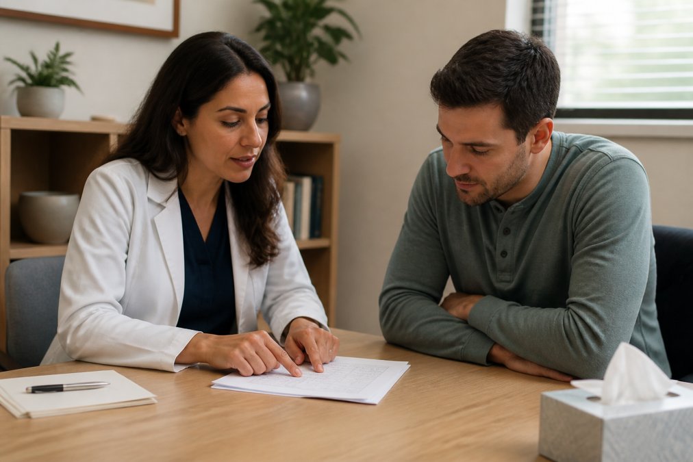 A psychiatric provider and adult patient sitting across from each other at a light wood desk in a calm, softly lit office, reviewing a printed medication chart together, both leaning in with focused, relaxed expressions