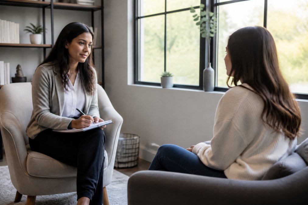 Mental health professional conducting a compassionate consultation with patient in calm, welcoming office setting with natural light streaming through windows, both seated comfortably