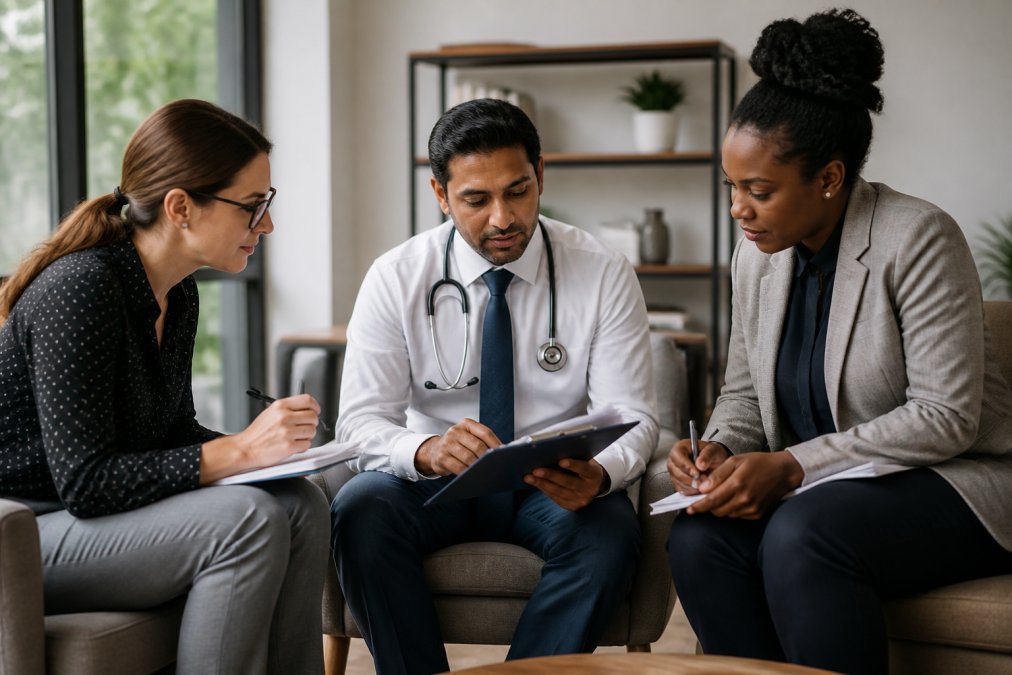 Diverse multidisciplinary mental health team collaborating in modern clinical setting, showing psychiatrist, psychologist, and licensed clinical social worker in consultation together