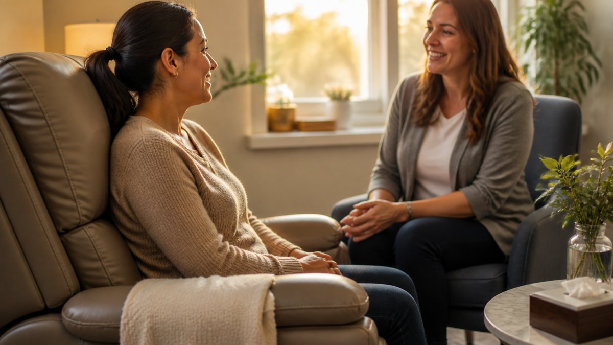 A patient sitting comfortably in a calm, well-lit treatment room with a healthcare provider nearby, both appearing relaxed and engaged in conversation