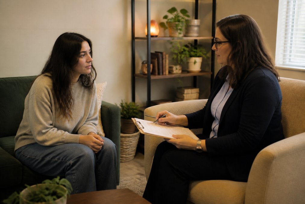 Healthcare professional reviewing patient medical history and treatment options in supportive clinical setting with warm lighting and comfortable seating