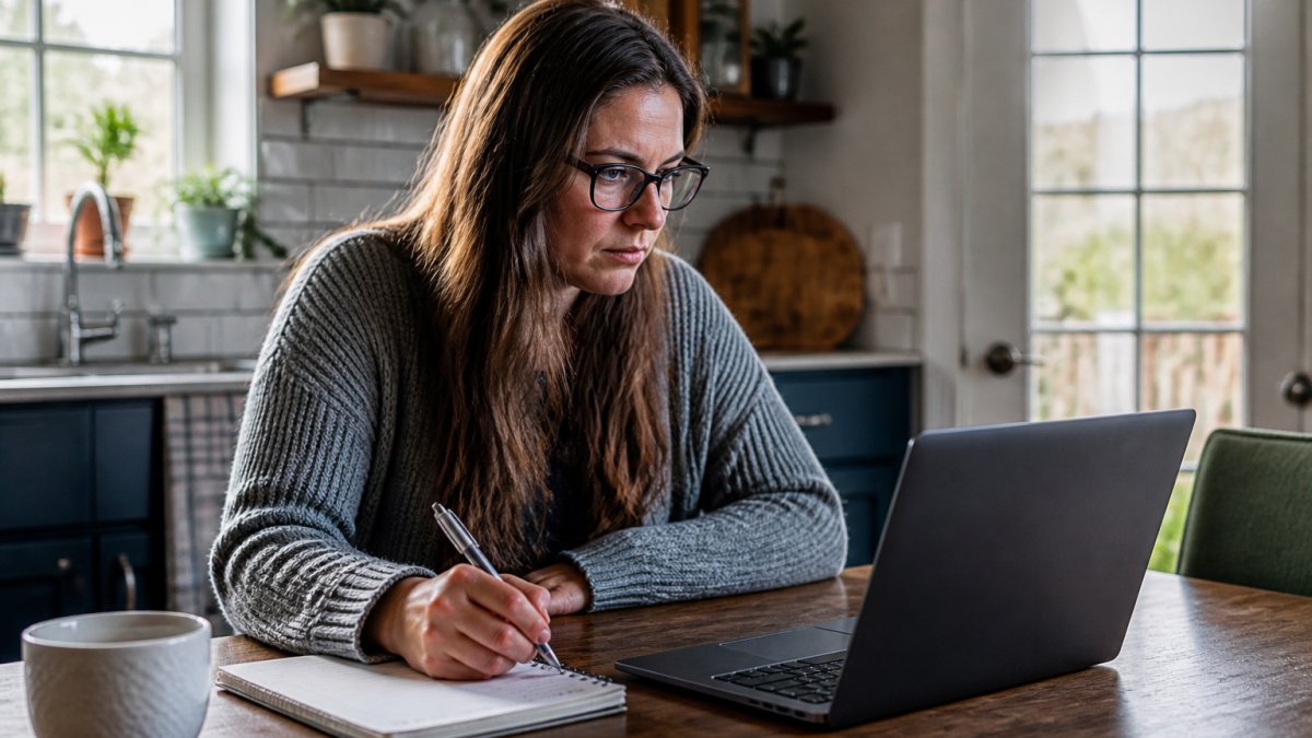 An adult sitting at a kitchen table with a laptop and a notebook, comparing provider profiles on a mental health directory while writing notes, soft afternoon light through a window
