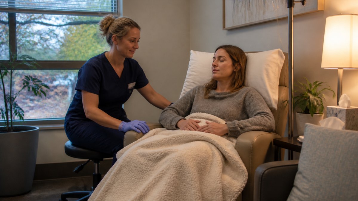 A calm treatment room with a reclining chair, soft lamp lighting, and a nurse in scrubs checking on a patient resting under a blanket during a supervised observation period