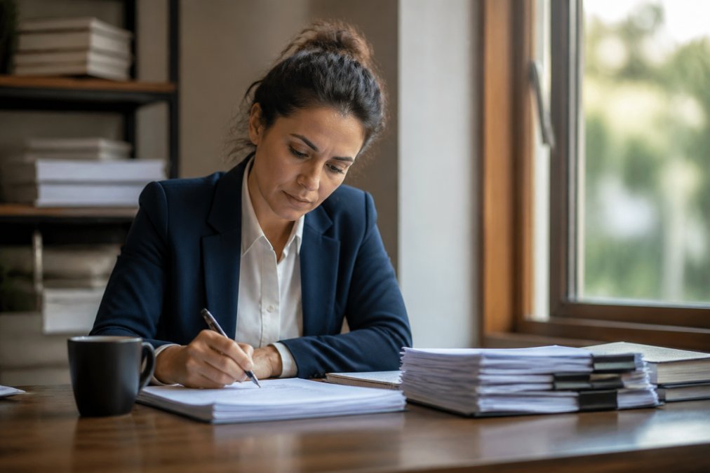 Professional in business attire at desk with focused expression, working through challenging task with determination, natural window lighting illuminating concentrated work environment