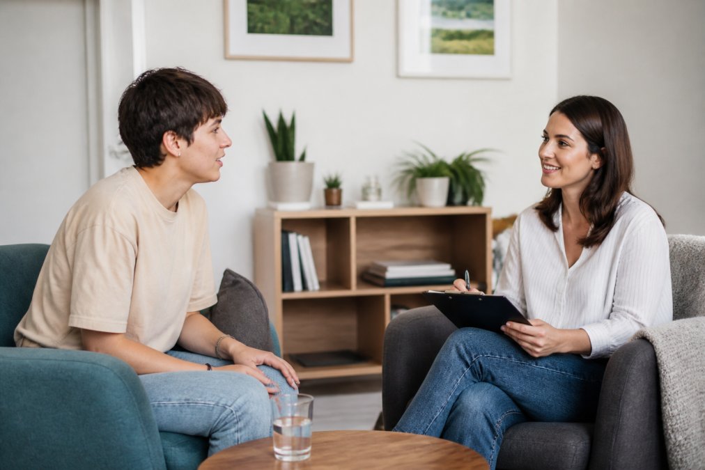 Patient having a supportive conversation with a provider during a gender-affirming care access consultation.