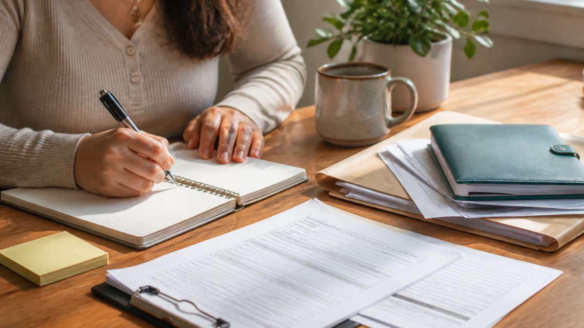 Person sitting at a desk with a notebook, pen, and healthcare documents spread out, preparing notes before an appointment