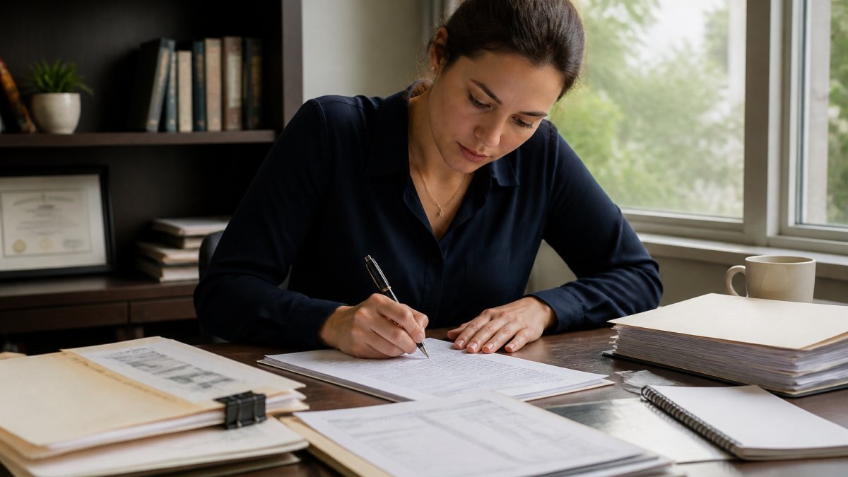 Professional person at desk writing appeal letter with medical records and documents visible, natural office lighting, focused expression