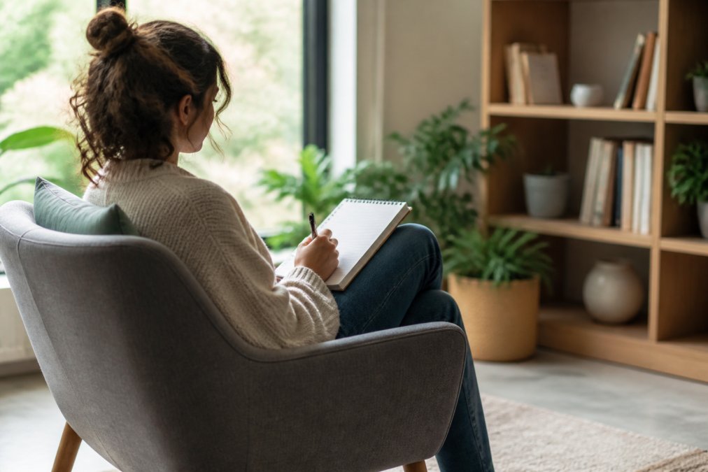 Person sitting in a calm room with a notepad to choose mental health support by preparing questions for a doctor