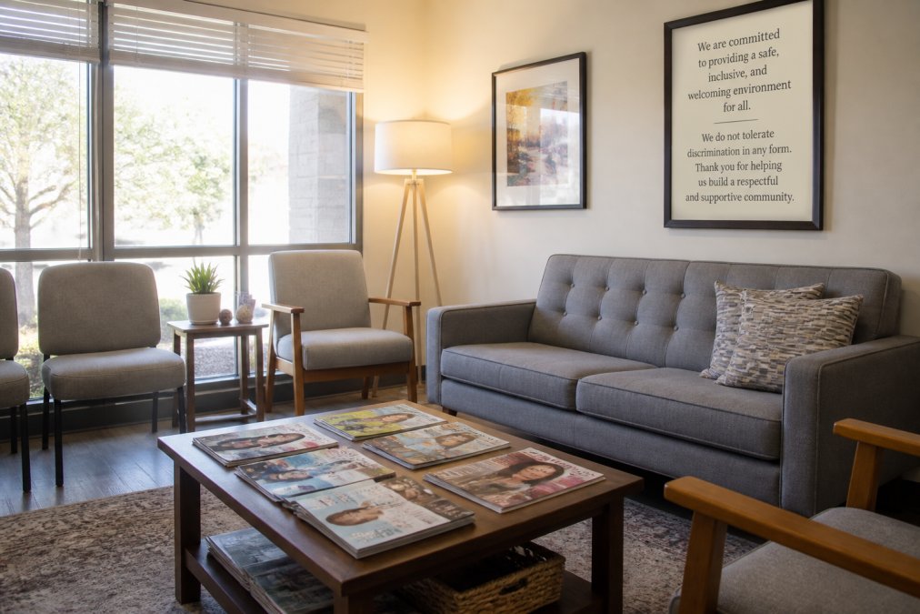 A welcoming waiting room with diverse magazines on a coffee table and a framed nondiscrimination statement visible on the wall, warm natural lighting through windows