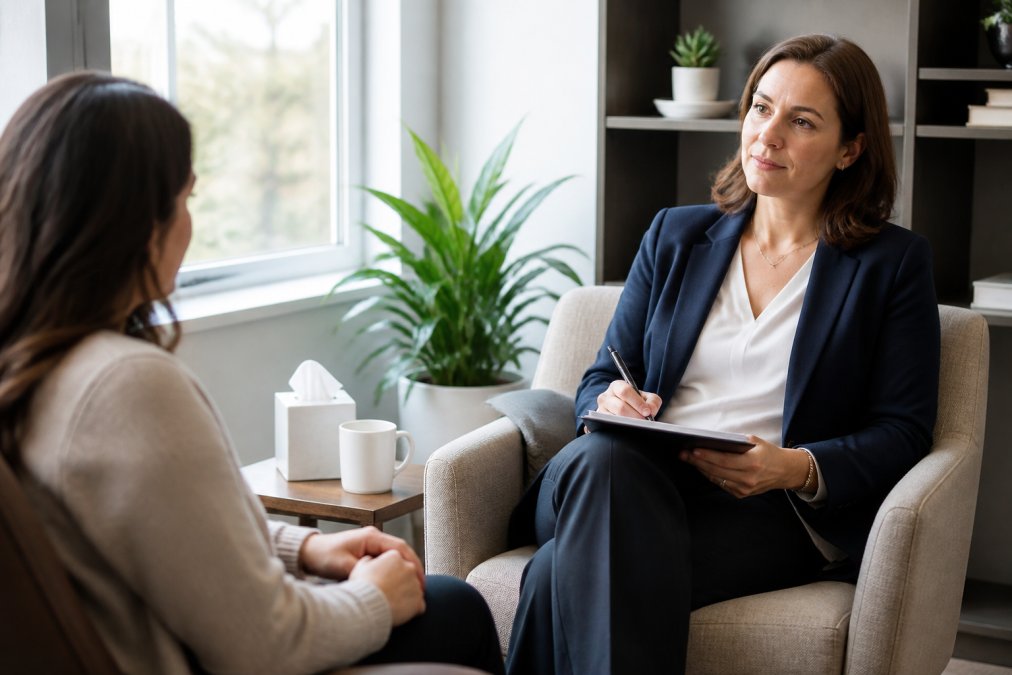 Psychiatrist consulting with a patient to help you find psychiatrists accepting new patients in a clinical office.