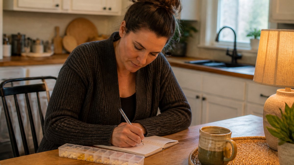 A person sitting at a kitchen table in the evening, writing in a small notebook next to a weekly pill organizer and a cup of tea, soft warm lamp light