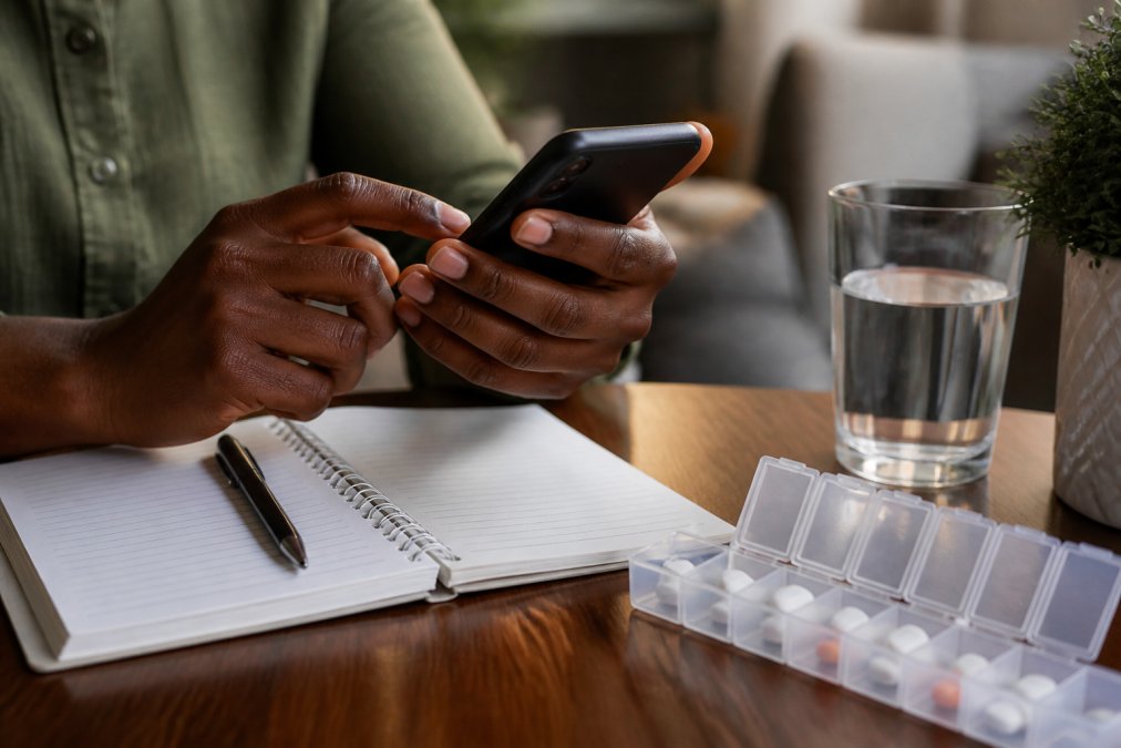 A close-up of a person's hands using a smartphone app to log medication side effects, with a pill organizer and notebook on a table nearby
