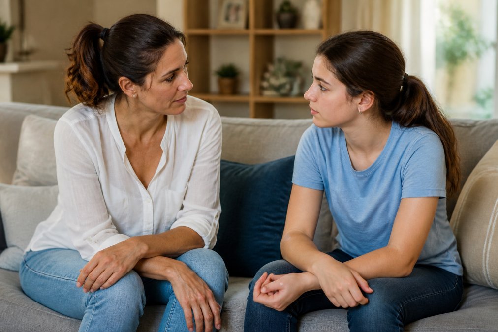 Parent and teenager having a calm, caring conversation in a comfortable home setting, sitting together with open body language and attentive expressions