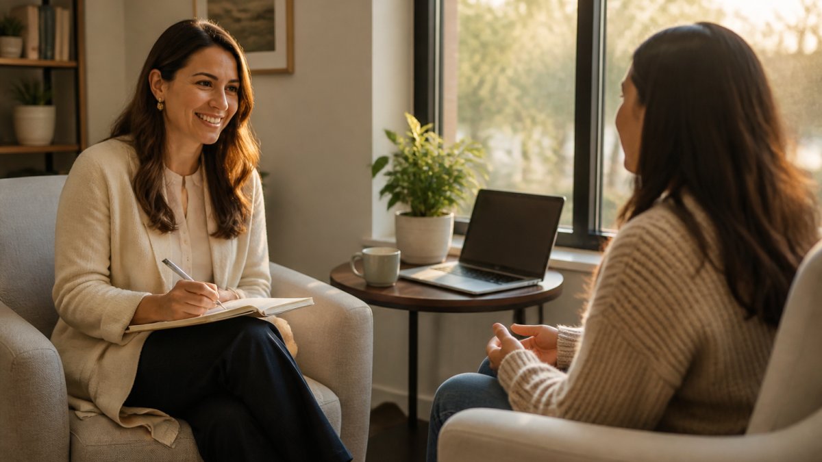 Therapist and patient reviewing an anxiety relief treatment plan in a calm office setting during a care session.