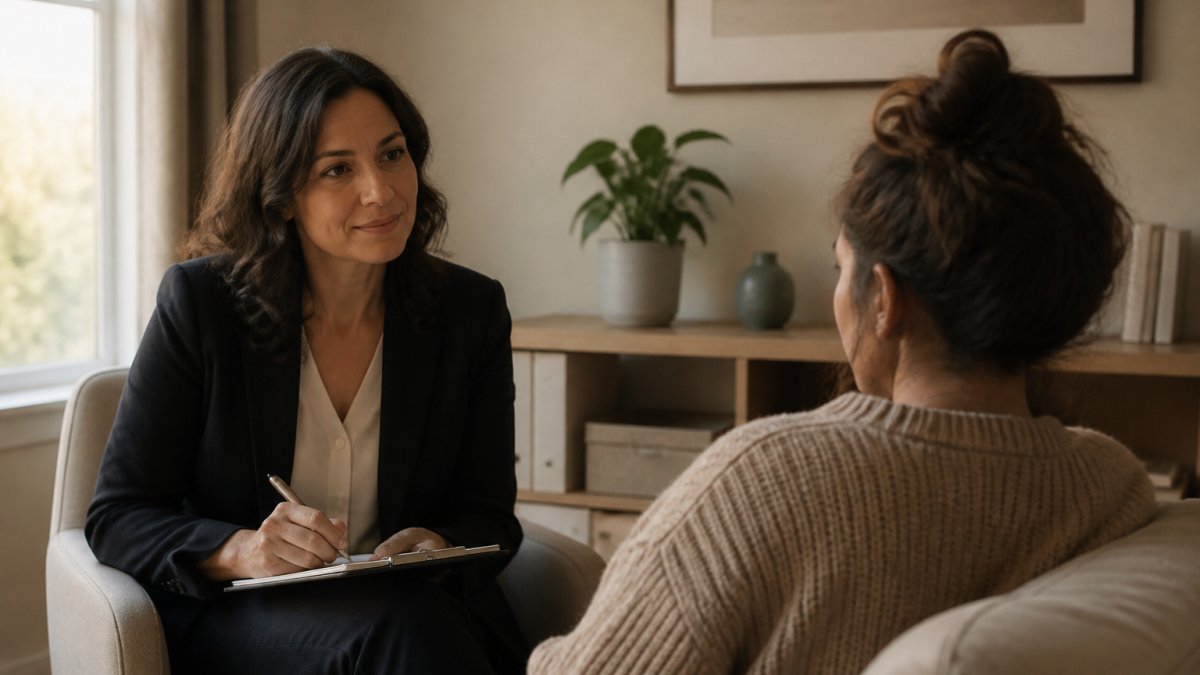 Compassionate psychiatrist meeting one-on-one with patient in calm, welcoming clinical office setting with natural light, discussing treatment options and reviewing medical history