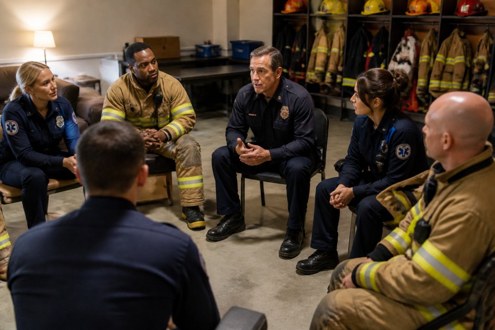 A diverse group of firefighters and paramedics in uniform sitting in a circle in a quiet station common room, talking and listening to each other in a supportive, informal setting with warm indoor lighting
