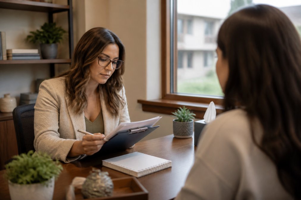 Licensed clinician in professional office setting reviewing patient intake forms at desk with notepad and treatment planning materials, warm natural lighting from window, patient seated across from clinician