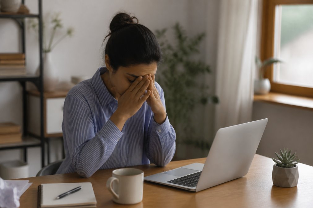 A person sitting at a home office desk with their head resting in their hands, eyes closed, with a laptop and a half-empty coffee cup nearby in soft afternoon light
