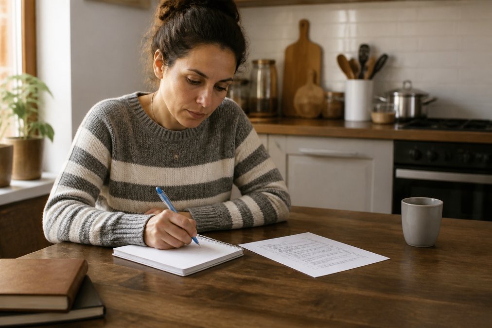 A person sitting at a kitchen table with a notebook, pen, and printed checklist, preparing questions for an upcoming doctor's appointment, warm natural light