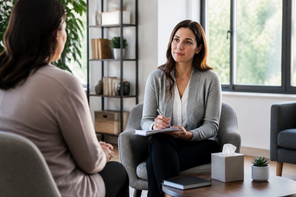 Patient sitting across from a compassionate psychiatric provider in a calm, professional office setting during an initial consultation, with natural light streaming through windows