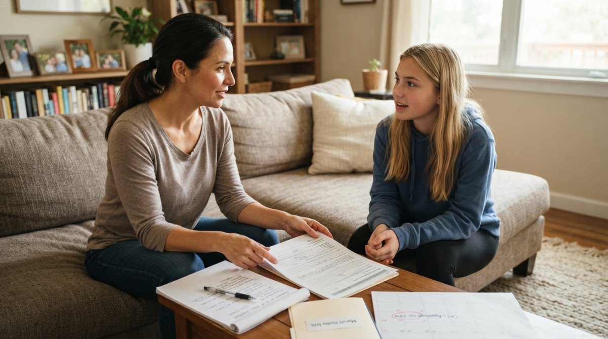Parent and teenager sitting together on a comfortable couch in a warm living room, having a calm conversation with open body language and attentive expressions