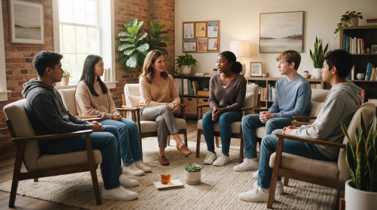 Diverse group of teenagers in a supportive therapeutic group setting, sitting in a circle with comfortable body language, appearing engaged and attentive to one another in a warm, well-lit room
