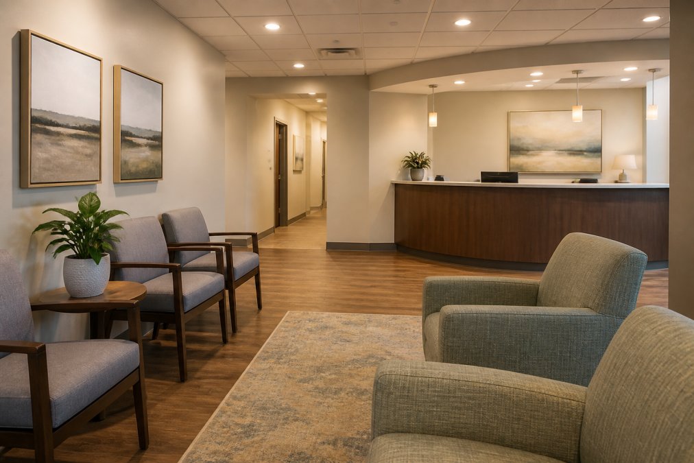 A calm, welcoming psychiatric office waiting area with warm overhead lighting, comfortable upholstered chairs, a small potted plant on a side table, and a reception desk visible in the background, conveying a safe and patient-centered environment
