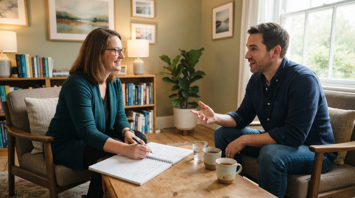 A therapist and an adult patient sitting in a bright, comfortable office, having a collaborative conversation with a notebook open on the table between them