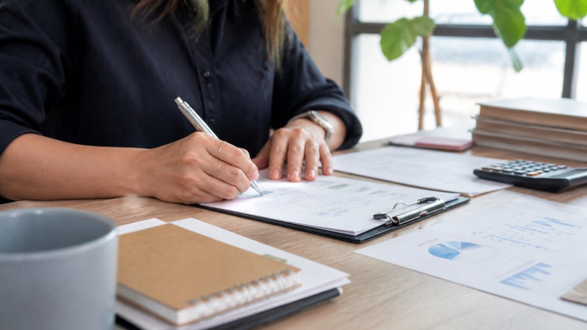 Professional focused intently at desk during challenging task, sitting upright with clear expression of engagement and concentration in modern office with natural lighting