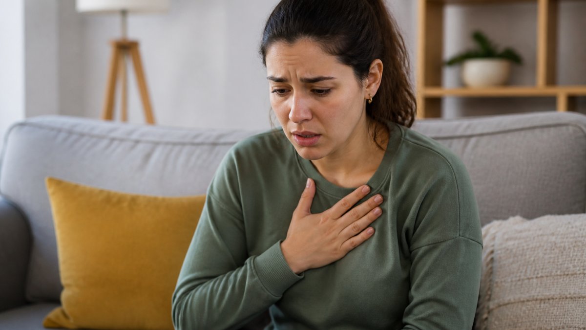 Young adult sitting on a couch with hand on chest, appearing tense and worried, showing physical signs of stress and discomfort in a quiet home setting