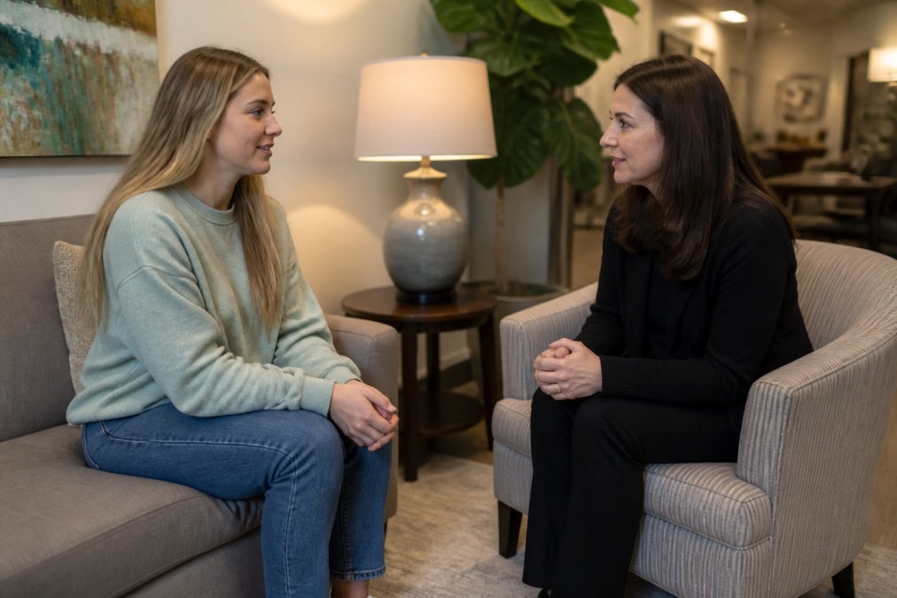 A warm, welcoming mental health clinic waiting area with soft, warm lighting, comfortable upholstered seating, and a patient in casual clothing speaking quietly with a compassionate staff member who is leaning forward attentively