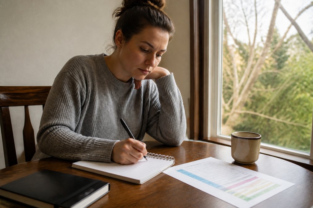Patient sitting at a table with a notebook, pen, and printed symptom tracker, preparing notes before a medical appointment in soft natural lighting