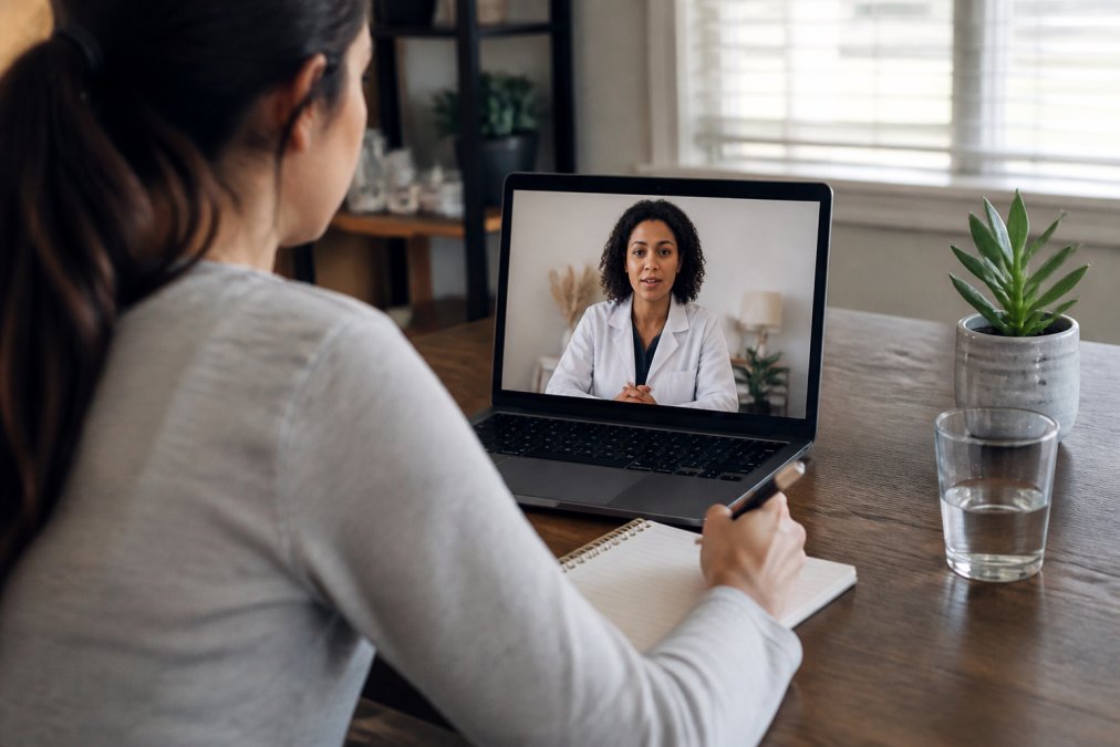 Person at a desk using telehealth options for a video call with a doctor in a calm, sunlit home office setting.