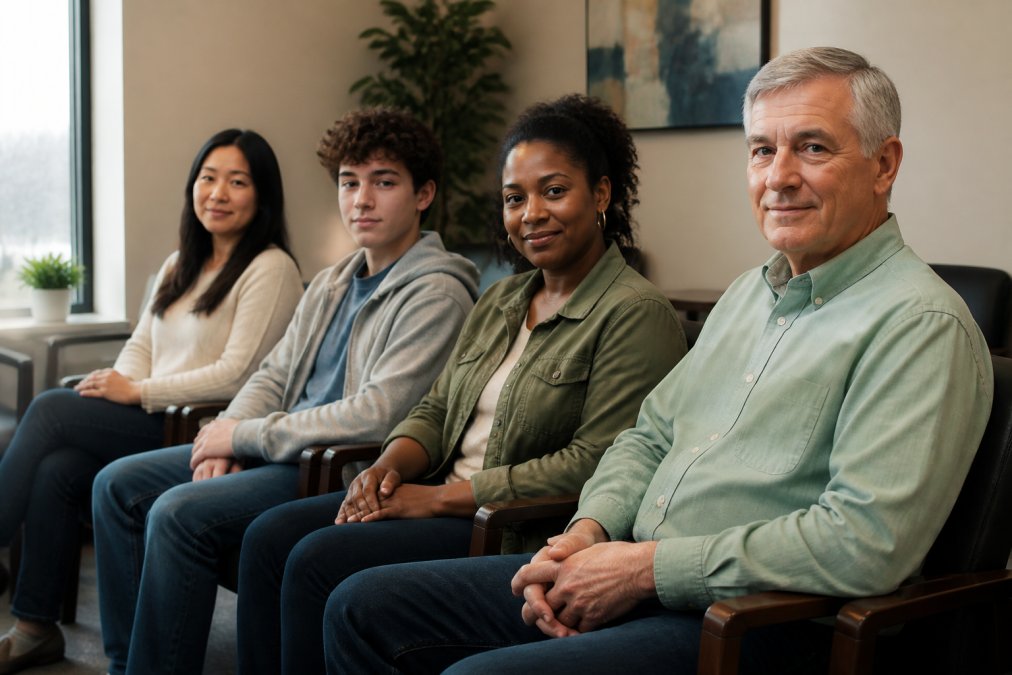 A diverse group of adults of different ages and backgrounds, including a younger teenager and an older adult, seated in a calm, softly lit waiting room with comfortable chairs, looking calm and hopeful, representing a range of life experiences