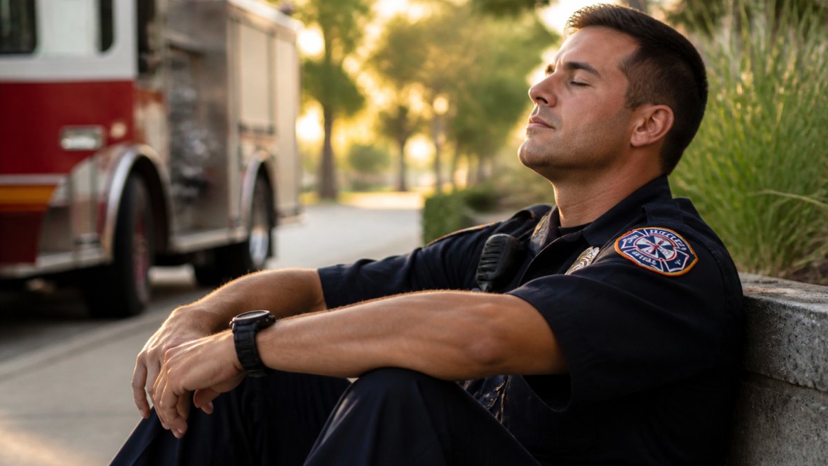 First responder in uniform sitting during a quiet break, taking a moment to breathe deeply in natural outdoor lighting
