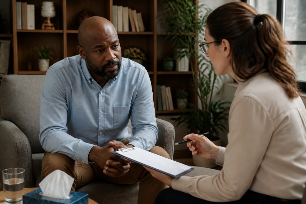 Professional therapist and patient sitting together in a calm office setting with natural lighting, reviewing treatment notes and discussing a personalized care plan on clipboard