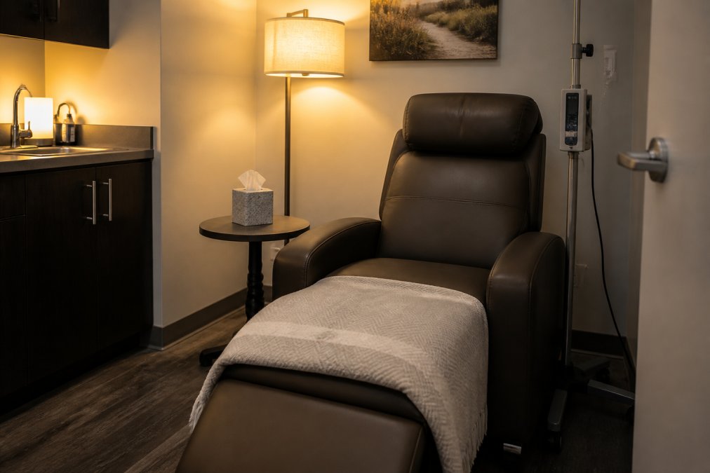 A calm, modern clinical treatment room with a comfortable reclining chair, soft lighting, a small side table with a box of tissues, and warm ambient lighting, conveying a safe and welcoming psychiatric care environment