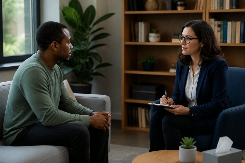 A psychiatrist and patient sitting across from each other in a warm, well-lit office with bookshelves in the background, engaged in a focused and supportive conversation, both looking attentive and relaxed