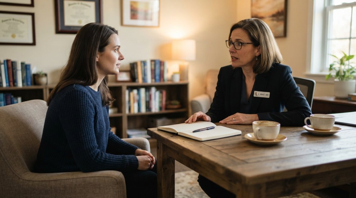 A psychiatrist in a warm, softly lit office leaning forward in conversation with a patient seated across a wooden desk, both engaged and attentive, with a notebook and coffee cup on the desk
