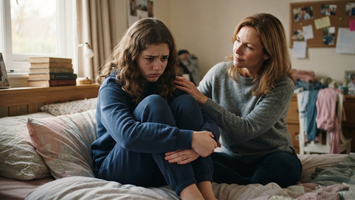 A teenage girl sitting on a bed with her knees pulled up, looking worried, while a parent sits nearby with a comforting hand on her shoulder in a softly lit bedroom