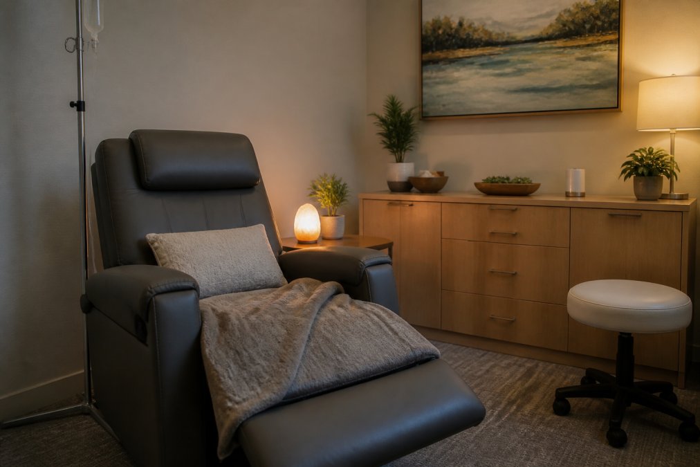 Comfortable reclining chair in a calm room prepared for Spravato therapy with soft lighting and a folded blanket.